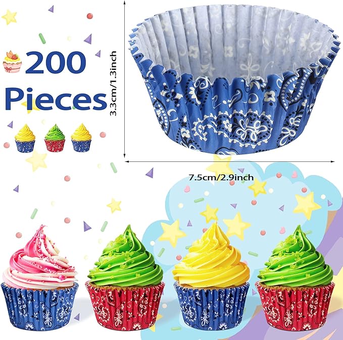 Zonon 200 Pieces Western Cowboy Cupcake Liners Red Blue Bandana Cupcake Wrappers Western Cowboy Birthday Party Supplies for Wedding Holiday Birthday Party Decorations