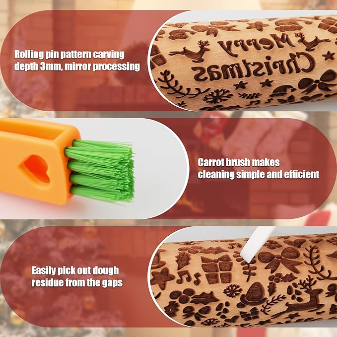 17" Premium Wooden Rolling Pins for Baking with Reindeer Embossed Designs | 3mm Deep Springerle Cookie Molds | Christmas Rolling Pin & Baking Gifts for Women | Includes 3-in-1 Cleaning Brush
