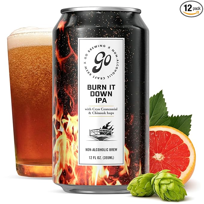 Go Brewing - Burn It Down IPA - Non-Alcoholic Craft Beer - Small Batch, Low-Calorie Brew - Tropical, Citrus, and Hoppy Flavor Profile - Bold, Smooth Finish - Ideal for Any Occasion (12 Oz, 12 Cans)