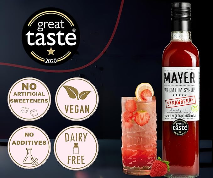 Mayer Premium Hungarian Strawberry Syrup - Award-Winning Artisanal Fruit Syrup, All-Natural, Over 50% Real Fruits, Vegan, Gluten-Free – Perfect Coffee Syrup, Cocktails & Dessert Topping (1 Pack)