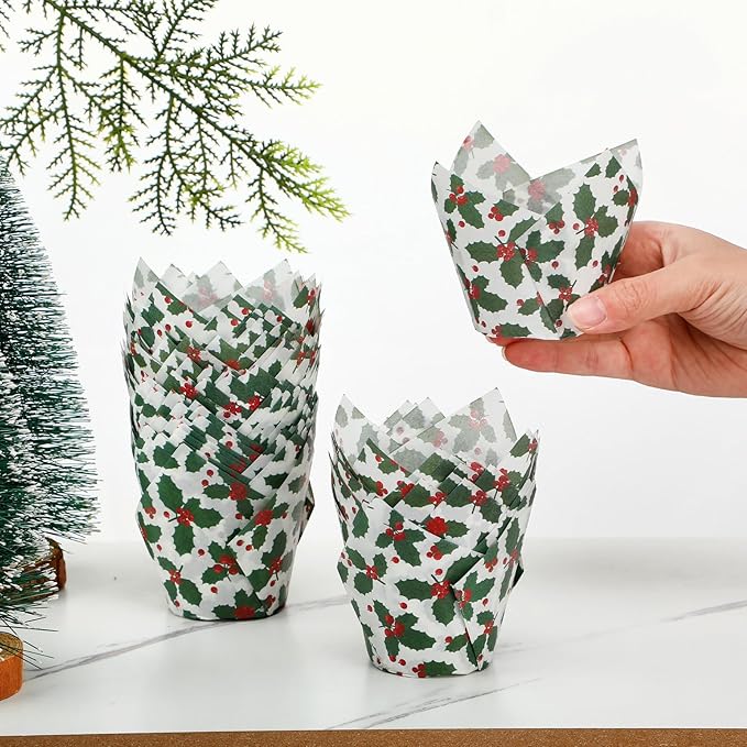 Uiifan 200 Pcs Holly Christmas Tulip Cupcake Liners Christmas Cupcake Wrappers Holly Muffin Liners Holders Tulip Wrappers for Party Decoration