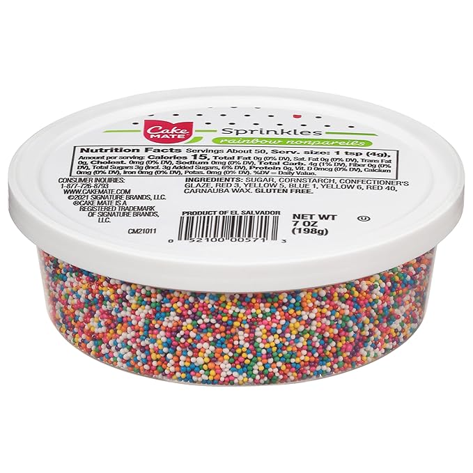 Cake Mate Rainbow Nonpareils Hard Sprinkles Tub with Resealable Lid, 7 oz (198 g) – Vibrant Round Sprinkles for Decorating Cakes, Cupcakes & Cookies