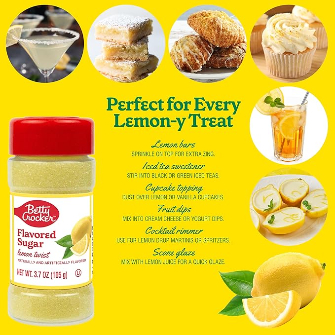 Betty Crocker Lemon Twist Flavored Sugar – Citrus Dessert Sugar for Baking, Cocktails & More, 3.7 oz