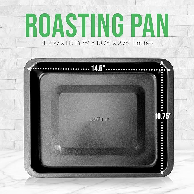 NutriChef Nonstick Baking Pan - 14" x 10" Rectangular Carbon Steel Baking Tray - Premium Bakeware for Brownies, Cakes, Lasagna, & More - Dishwasher Safe, Black