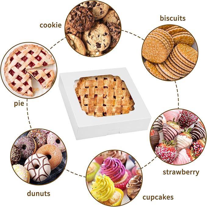 Moretoes 45pcs Pie Boxes 12x12x2.5 Inches White Bakery Boxes with Window for Cookie Cake, Treat, Pie, Pizza, Strawberries, Chocolate, Pastries, Muffins and Donuts
