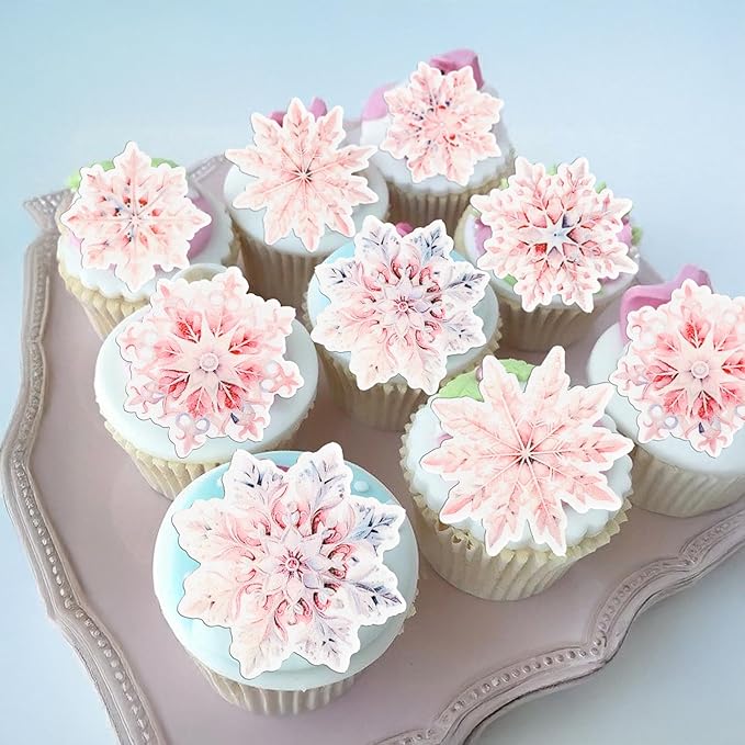 Gyufise 60Pcs Edible Snowflake Cupcake Toppers Winter Cupcake Picks Water Paper Winter Frozen Cake Decorations for Snowflake Theme Baby Shower Kids Birthday Party Supplies Multi Pink