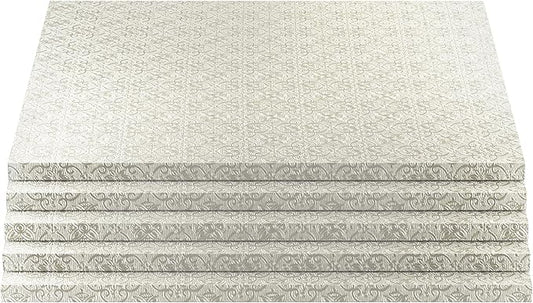 O'Creme Silver Foil Square Cake Board - Gorgeous Design, Sturdy & Durable 1/2" Thick Drums, 20" x 20" Inch, Pack of 5 Disposable