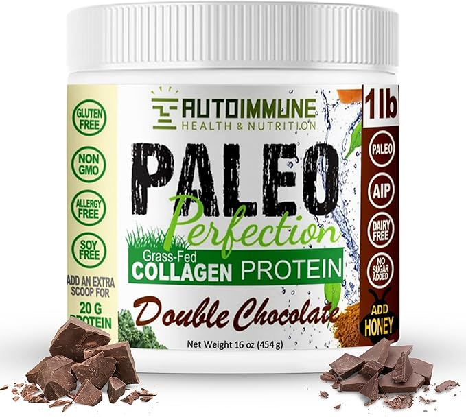 Paleo Perfection Double Chocolate Grass Fed Beef Collagen Protein Powder without Stevia - Paleo, Keto, SCD, AIP Protein Powder w/ Apple Fiber, Carrot, Broccoli - 1lb Protein Powder & Superfood Blend