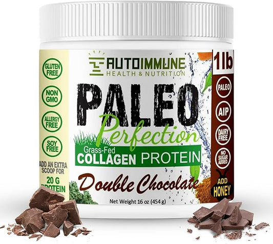 Paleo Perfection Double Chocolate Grass Fed Beef Collagen Protein Powder without Stevia - Paleo, Keto, SCD, AIP Protein Powder w/ Apple Fiber, Carrot, Broccoli - 1lb Protein Powder & Superfood Blend