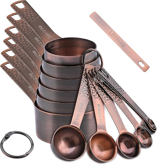 Smithcraft Measuring Cups and Spoons Set 14, Copper Measuring Cups and Spoons Set for Dry & Liquid, Metric & US Stainless Steel 6 Measure Cups and 7 Spoons Set w/Leveler for Kitchen & Baking