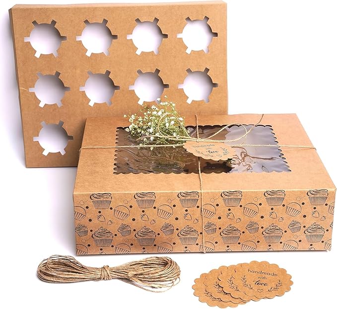 20-Pack Cupcake Boxes Bulk, Cupcake Holder with Lid, Disposable Cupcake Containers,Food Grade Kraft Bakery Boxes with Window to Fit 12 Cupcakes, Cookies,Muffins,Pastry, Long Treats