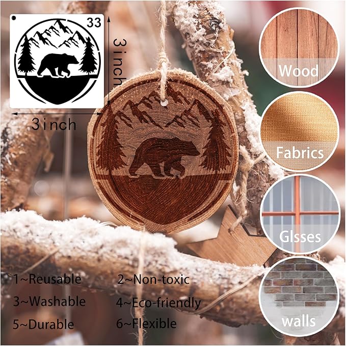 35 Pack Bear Stencils for Painting on Wood, Pine Tree Stencils Bear Claw Wildlife Animal Stencil Template for DIY Craft Wall Fabric Rock Chalkboard Sign School Art Scrapbook Projects (Bear)