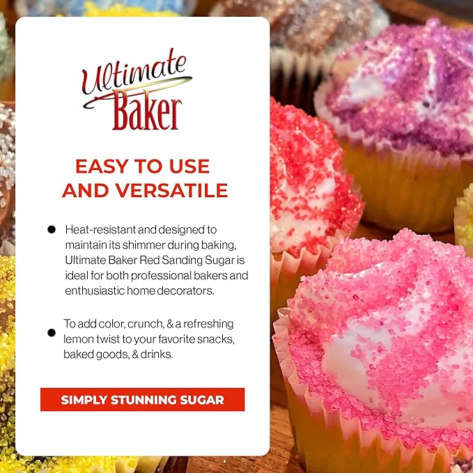 Ultimate Baker - Sanding Sugar, Red - Vibrant, Naturally Colored Baking & Decorating Sugar, Perfect for Sprinkling on Cakes, Desserts & Confections, Medium Crystal - 8oz
