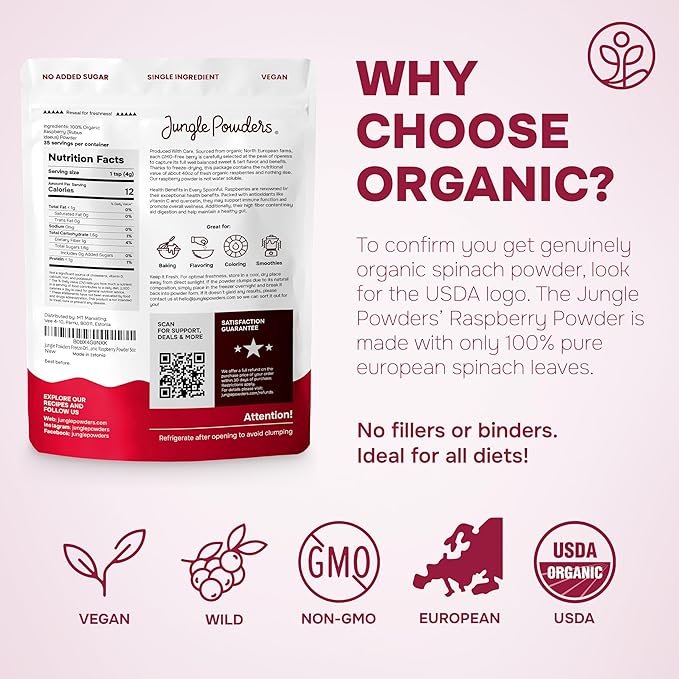 Jungle Powders Organic Raspberry Powder 5 Ounce Bag, USDA Organic Freeze Dried Raspberries from Whole Berry for Baking, Additive Filler Free Red Superfood Extract Rasberries Smoothies Organic Dehydrated