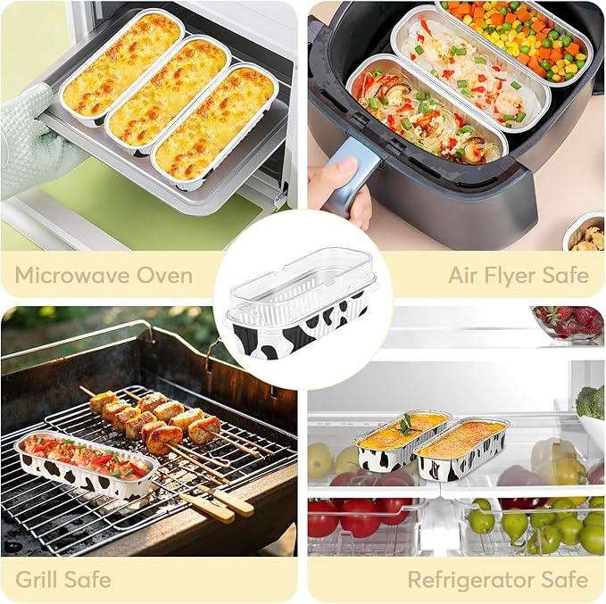 Ruckae 100 Pack Cow Print Mini Loaf Pans with Lids and Spoons Disposable Aluminum Tin Foil Pans Rectangle Mini Loaf Cake Pan for Baking,Party,Picnics,Gifts