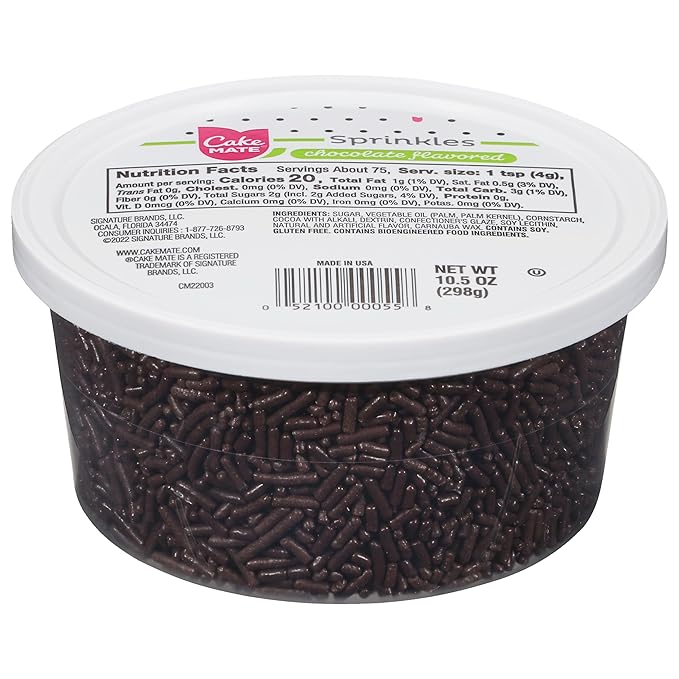 Cake Mate Chocolate Sprinkles with lid - Dessert Sprinkles for Ice Cream, Cookies, and Brownies, 10.5 oz Tub (Chocolate Jimmies)