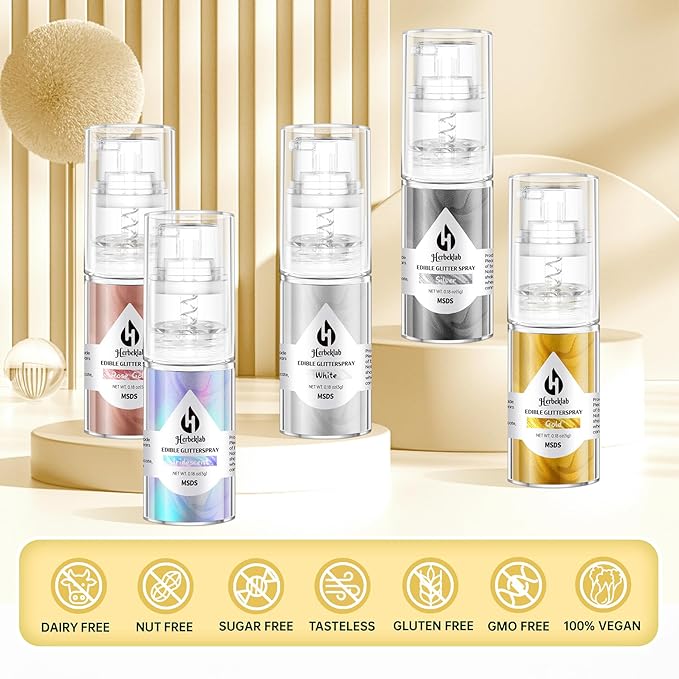 Edible Glitter Spray Set - 5 Colors Iridescent Gold, Silver, White & Rose Gold Food Grade Shimmer Powder, Metallic Edible Spray Glitter for Cakes, Cookies, Chocolate & Strawberries, 5g/Bottle