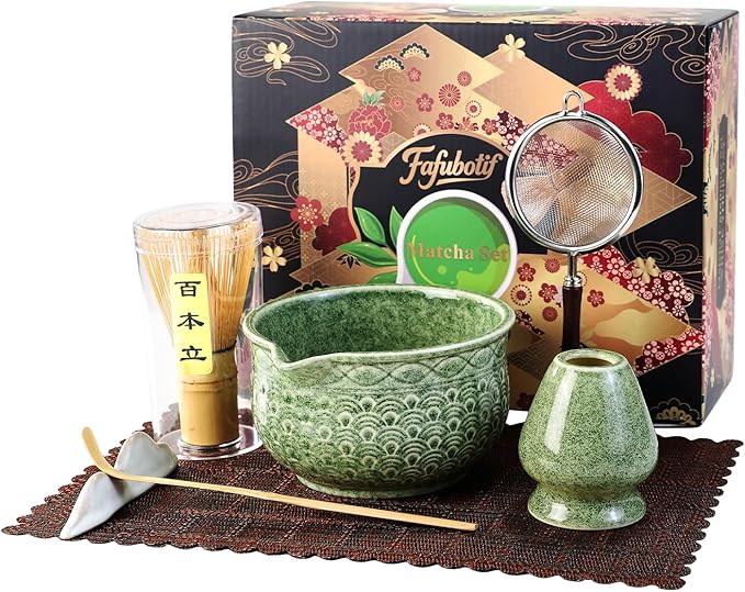 7 Pcs Matcha Whisk Set, Ceremony Matcha Kit with Matcha Bowl, Bamboo Whisk and Holder, Scoop and Scoop Rest, Sifter and Tea Towel, Gift for Matcha Lovers (Mottled Green/Wave-Patterned)