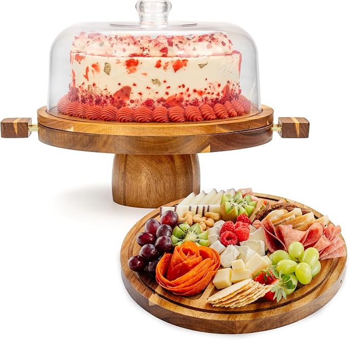 Acacia Wood Cake Stand with Lid – 3-in-1 Split Design, Magnetic Base with Detachable Handles & Acrylic Cake Stand Dome Cover – Charcuterie Board, Serving Platter for Cakes, Cheese & More (11”)