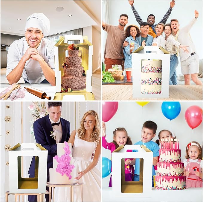 Extra STURDY 4 pack tall cake Box, 2 sizes 10x10x12 & 12x12x14 Inch, 4 cake boards+16 stickers, 2-3 tier bakery transport container with 4 large windows and double handles for wedding, birthday, Party