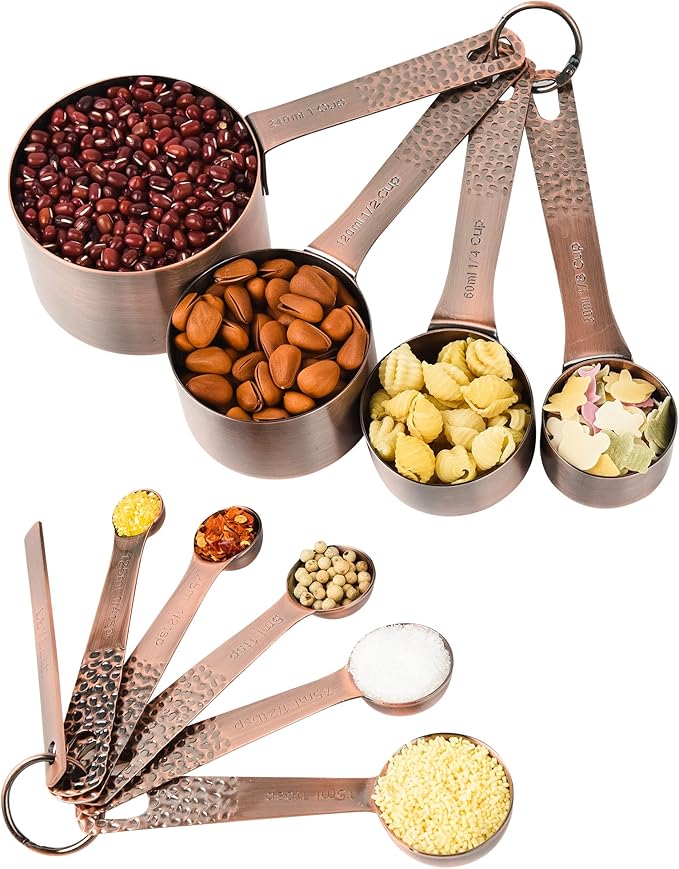 Smithcraft Copper Measuring Cups and Spoons Set 10, Metric & US Stainless Steel Measuring and Spoons Set for Baking & Kitchen, Nesting 4 Metal Measure Cups & 5 Spoons & Leveler for Dry & Liquid