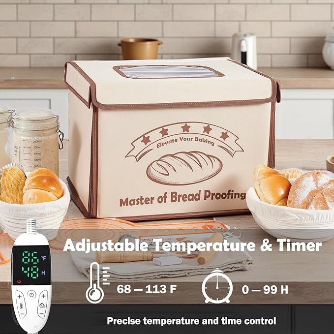 Bread Proofing Box with 68-113℉ Temp Control & 99H Timer - Folding Bread Proofer Sourdough Proofing Box with Metal Rack Warming Foldable Proofer for Dough, Baking, Pizza