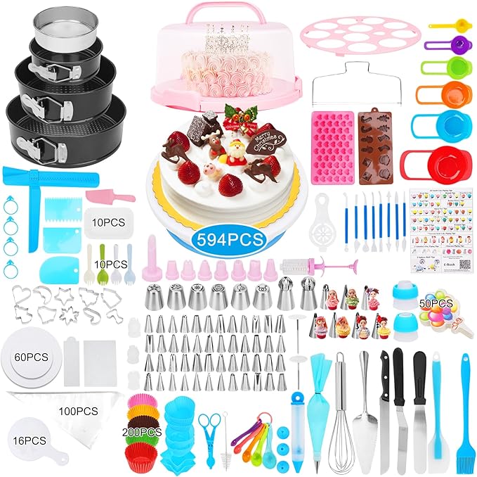 Cake Decorating Kit, 594 Pcs Cake Decorating Supplies with 3 Springform Pans, Cake Carrier, Turntable, Piping Bags Tips for Beginner Professional Mothers Day Gifts for Mom