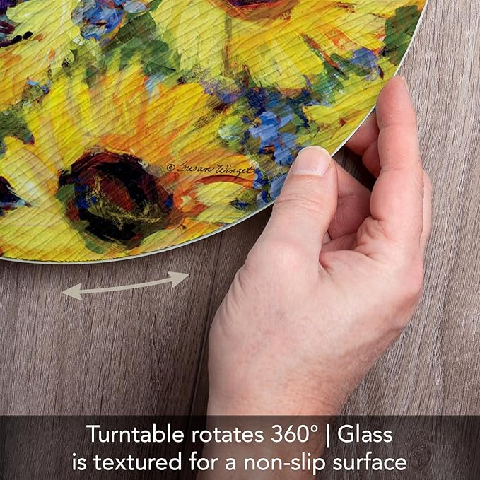 CounterArt Sunflower Gallery 4mm Tempered Glass Lazy Susan Turntable 13" Diameter Condiment Caddy Cake Plate Pizza Server