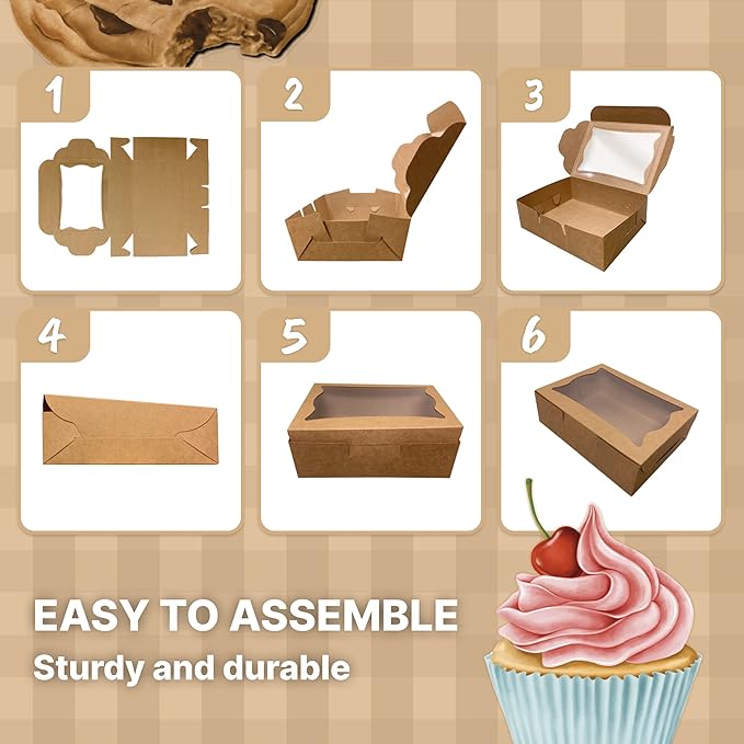 Bubbley Kraft Paper Bakery Boxes - 50-Pack Pastry Boxes with Window for Cookies, Chocolate Covered Strawberries, Macarons, and Muffins, Dessert Disposable Packaging, 8 x 6 x 2.5 Inches