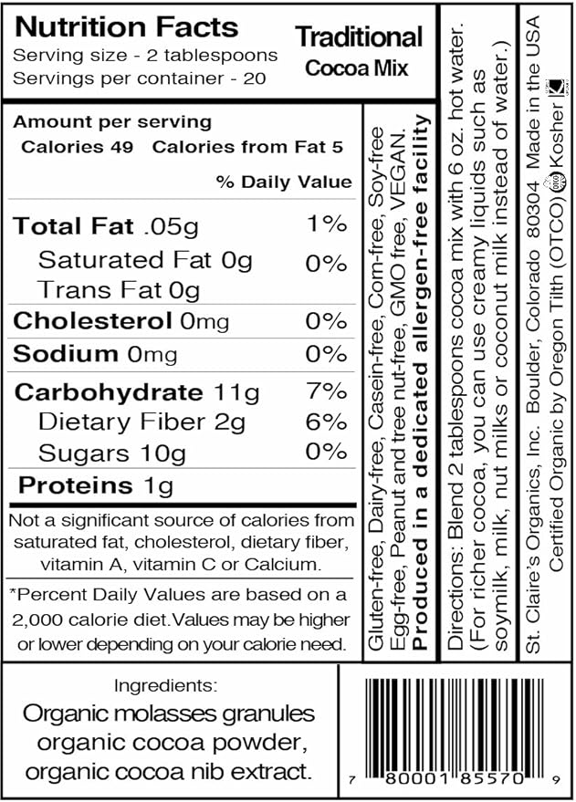 St. Claire's Organic Gourmet Hot Cocoa, (Traditional, 12 Ounce Bag, 20 servings) | Allergen-Free, Vegan, GMO-Free, Gluten-Free | Made in our Allergen-Free facility