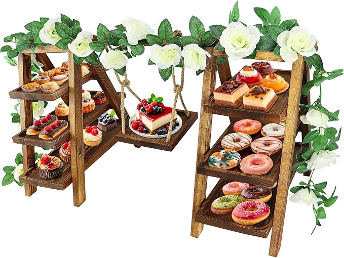 3 Tier Cupcake Stand with Swing and Flower,Wooden Cupcake Display Stand Set,Removable Trays and Foldable Stand for Cake Snack Fruit Chips Bread, Table Display at Birthday Wedding Party Home Decor