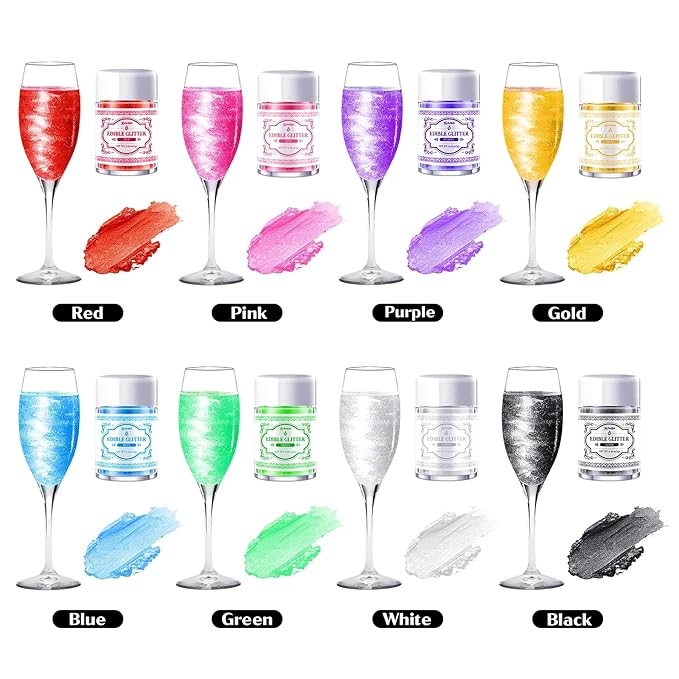 Edible Glitter for Drinks – 8 Colors Luster Dust, Food Grade Cocktail Shimmer Powder for Cakes, Beverages, Chocolate & Candy, 5g/Bottle
