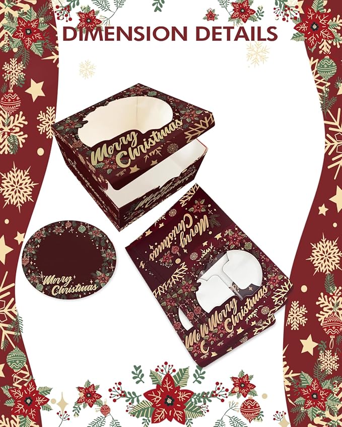 Bakepacker Christmas 36pcs 8x8x5 inches Cake Boxes with Window 18-Packs, 8 Inch Bakery Boxes Colorful Christmas (18 cake boxes +18 Cake Boards Included)
