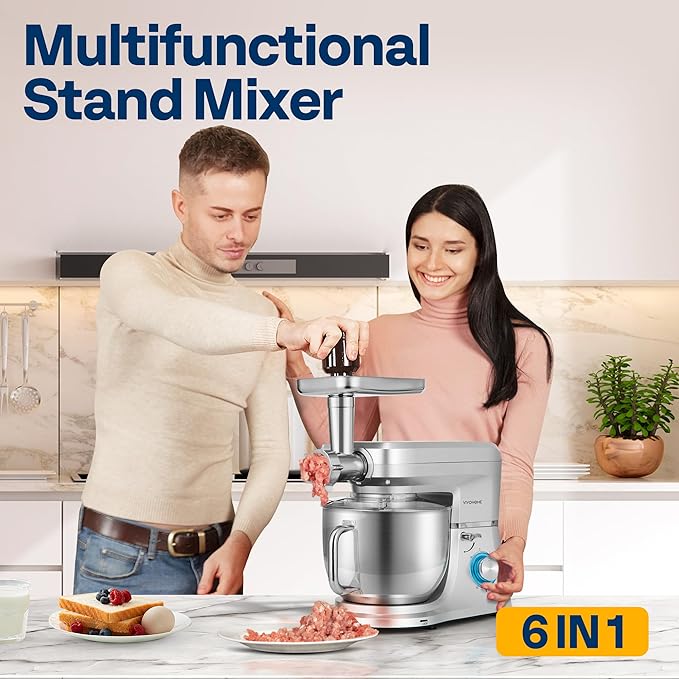 VIVOHOME 6 in 1 Multifunctional Stand Mixer with 8.5 Quart Stainless Steel Bowl, 660W 10 Speed Tilt-Head Meat Grinder, Juice Blender, Vegetable Slicer, Pasta and Cookie Maker, Silver