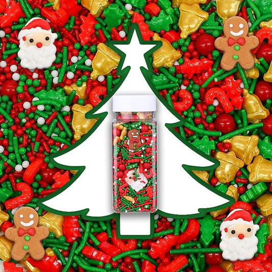 LEBERY 1 Bottle Christmas Sprinkles Holiday Sprinkle Mix Christmas Tree Santa Claus Sprinkles Christma Jimmies Red and Green Sprinkle Edible Xmas Cake Topper for Cookie Baking Decorating