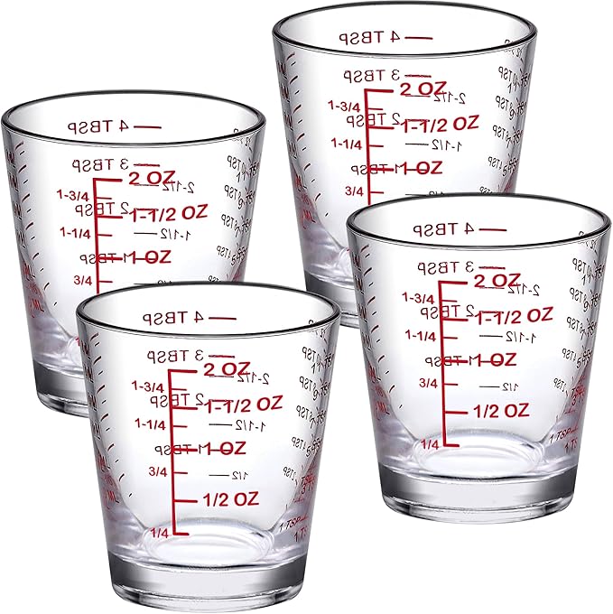 Amazing Abby - Melinda - 4-Pack Plastic Measuring Cups, 2-Ounce Unbreakable Shot Glasses, Food-Grade Measuring Jugs, Stackable and Dishwasher-Safe, Great for Espresso, Liquor, and More