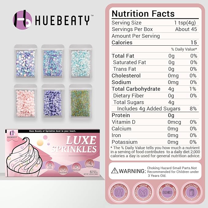 HUEBEATY 6-in-1 Mermaid Sprinkles Edible Set – 180g Seashell Candy, Jimmies, Mermaid Tail Sprinkles, Blue & White Pearls, Sanding Sugar – Edible Mermaid Cake Decorations for Cupcakes, Cookies, Ice Cream & Summer Desserts Decorating
