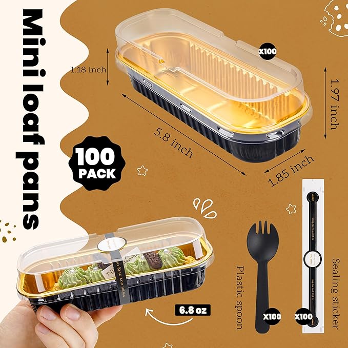 100 Pack Mini Cake Pans with Lids and Spoons Black Gold Rectangular Aluminum Foil Baking Pans Mini Cheesecake Containers(6.8oz)
