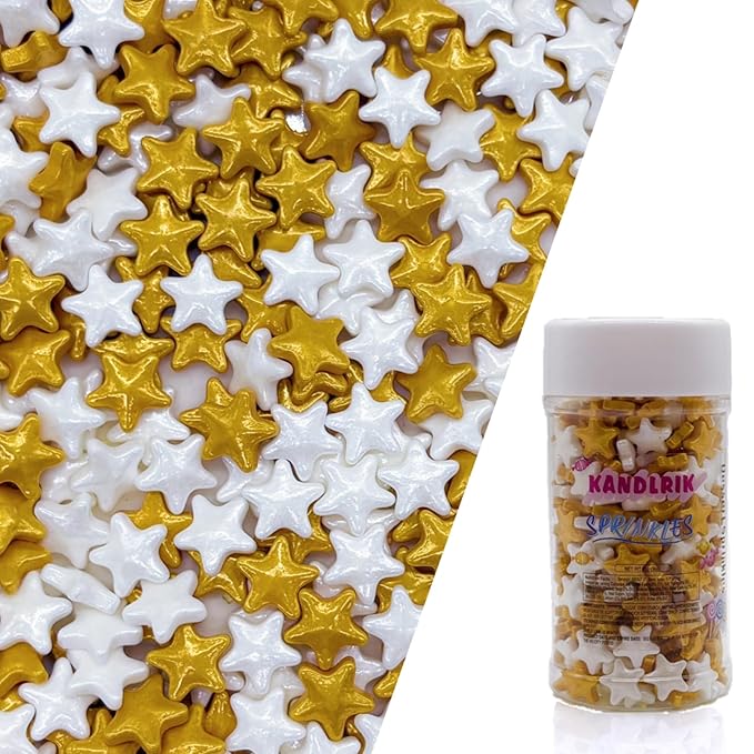 10mm Gold & White Sprinkles Edible Stars Cake Decorating Stars Cake Decorations Cupcake Toppers Cookie Decorating Perfect for Cakes,Cupcakes,Desserts Toppings 3OZ