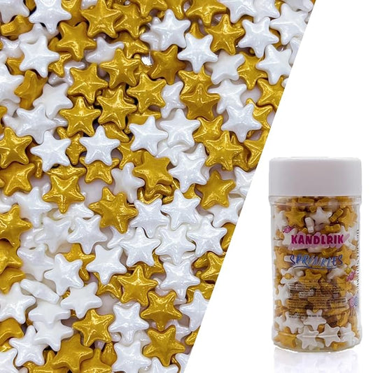 10mm Gold & White Sprinkles Edible Stars Cake Decorating Stars Cake Decorations Cupcake Toppers Cookie Decorating Perfect for Cakes,Cupcakes,Desserts Toppings 3OZ