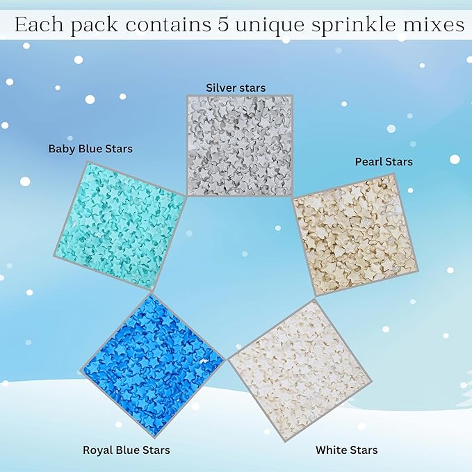 Confect Christmas Sprinkles | Frozen Sprinkles for Baking & Cake Decorative | Christmas jimmies sprinkles |stars Sprinkles Pack of 5 sprinkles -Blue, White, Gold and silver color sprinkles| Dessert Decorating - Frozen Sprinkles Toppings -5 Oz