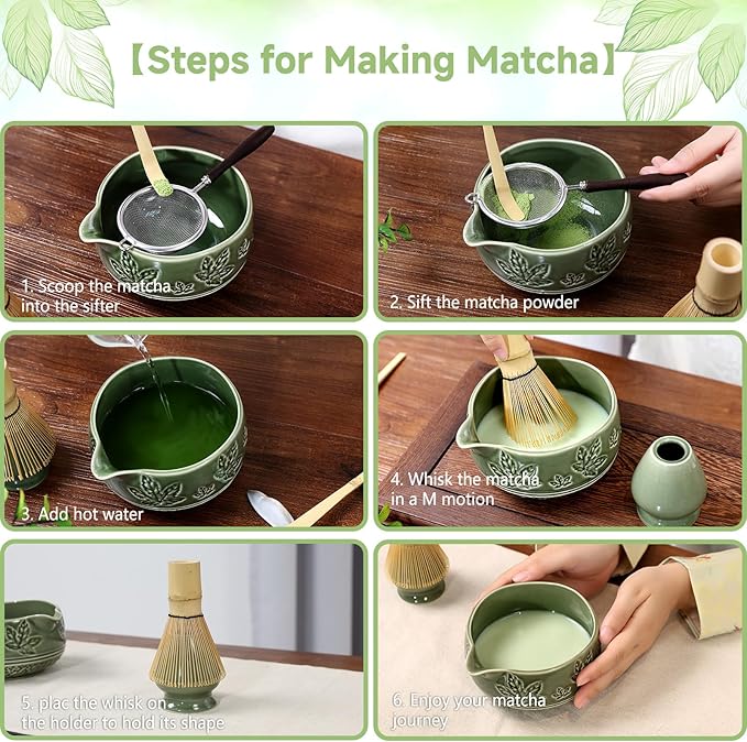 7 Pcs Matcha Whisk Set, Ceremony Matcha Kit with Matcha Bowl, Bamboo Whisk and Holder, Scoop and Scoop Rest, Sifter and Tea Towel, Gift for Matcha Lovers (Green/Maple Leaf-Patterned)