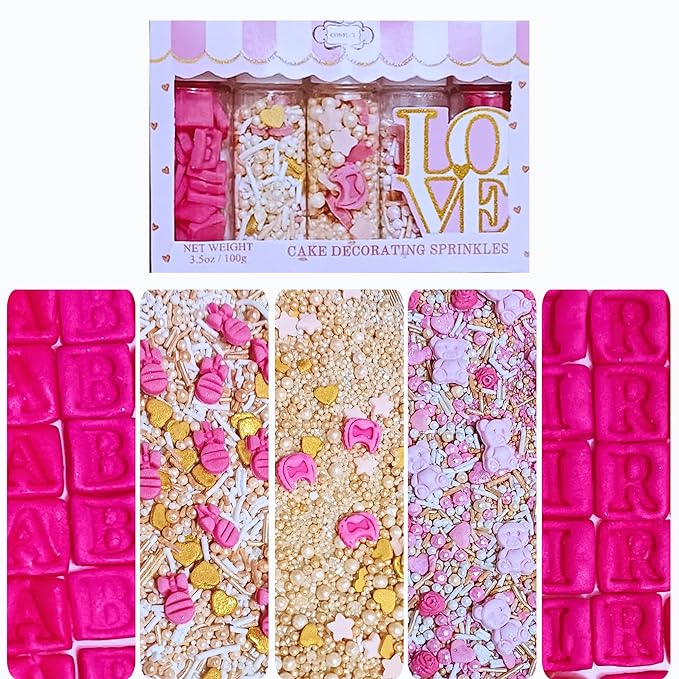 Confect Girls Baby Shower Sprinkles | Mix Gold, Pink & Silver Sprinkles | Pearls Dragees & Jimmies | Asssorted Pack of 5 Mix Heart, Start, Baby Rattle & Teddy Sprinkles | Vegan, Gluten-Free, Nut-Free, Soy-Free, Dairy-Free, Palm Oil-Free - 5 Oz