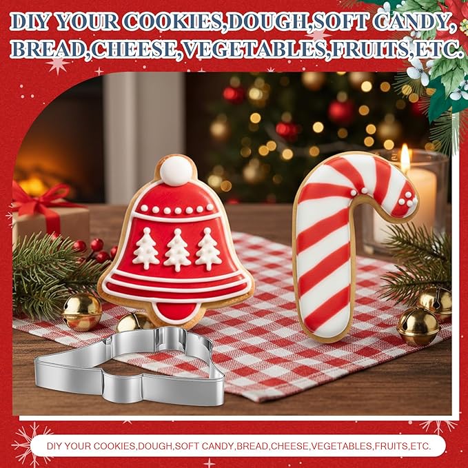 2 Pcs Extra Large Christmas Cookie Cutters 8" Giant Bell and Cane Stainless Steel Cookie Cutters for Winter Holiday Baking