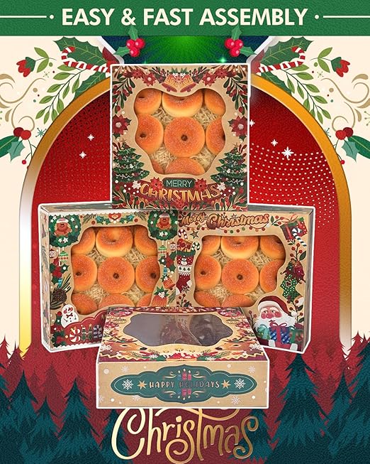 qiqee Christmas Kraft Cookie Boxes with Window 12packs 10x10x2.5 Inch Bakery Box Pastry Box for Christmas