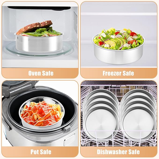Round Cake Pan Set of 4, 6 inch Stainless Steel Cake,Small Baking Pans For Baking, Serving, Steaming, Mirror Finish & Dishwasher Safe