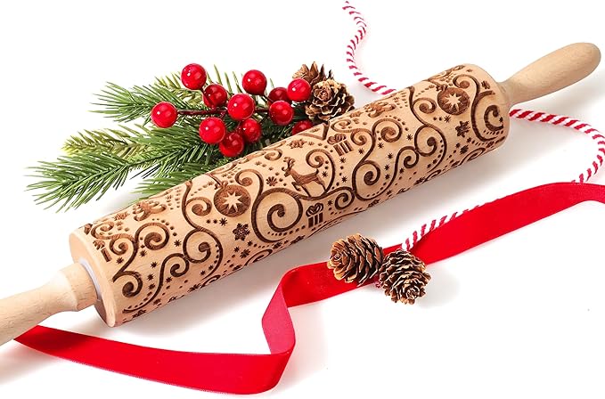 17" Premium Wooden Rolling Pins for Baking with Reindeer Embossed Designs | 3mm Deep Springerle Cookie Molds | Christmas Rolling Pin & Baking Gifts for Women | Includes 3-in-1 Cleaning Brush