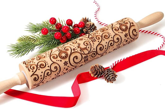 17" Premium Wooden Rolling Pins for Baking with Reindeer Embossed Designs | 3mm Deep Springerle Cookie Molds | Christmas Rolling Pin & Baking Gifts for Women | Includes 3-in-1 Cleaning Brush