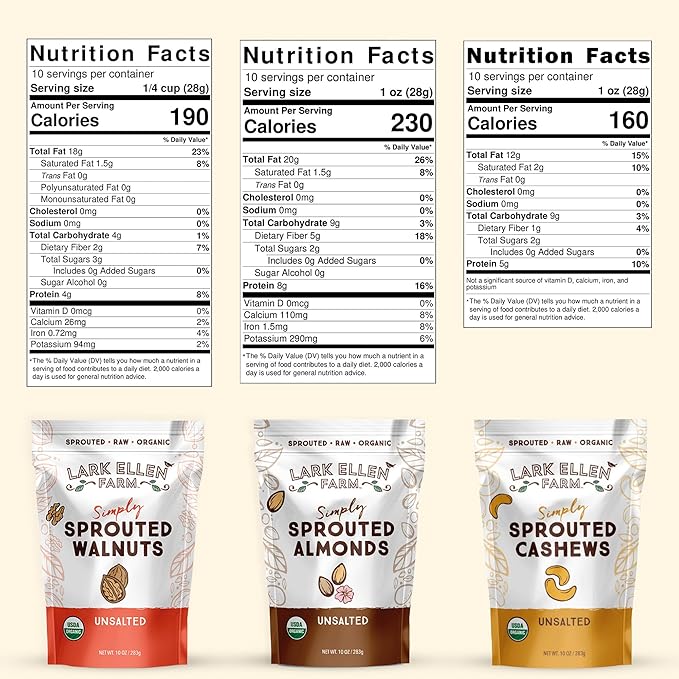 Lark Ellen Farm Sprouted Organic Nuts Variety Pack – Almonds, Walnuts & Cashews – Raw, Vegan, Gluten-Free, Non-GMO, Clean Label Snacks, (1 Bag Each, 10 oz)