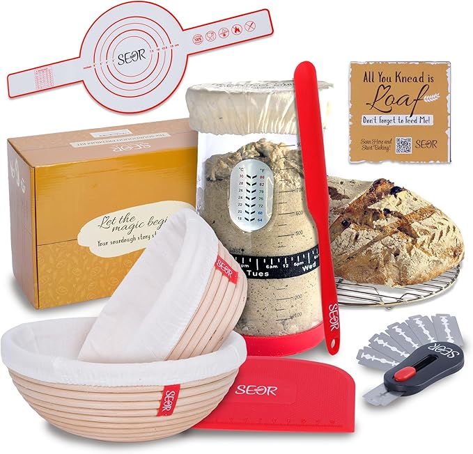 10Pc Premium Sourdough Bread Making Starter Kit; Supplies with Tools for Perfect Sourdough Bread Loaf; Glass Sourdough Starter Fermentation Jar and 2 Sourdough Proofing Baskets